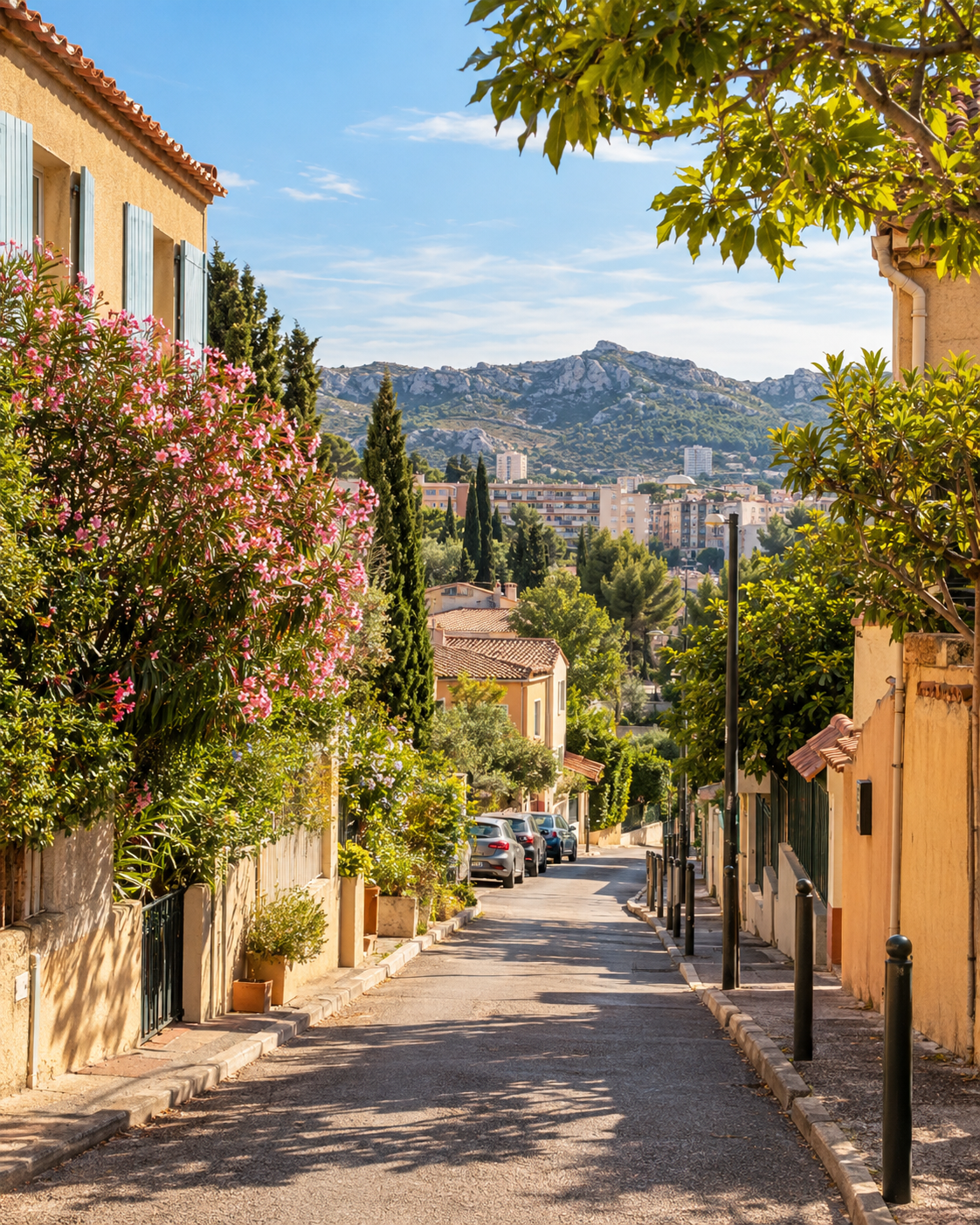 Rue résidentielle et paysage marseillais dans le secteur de La Rose